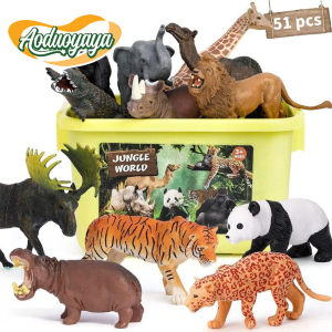 Aoduoyaya 51pcs Jungle Animals Toys Set Realistic Wild Animal Figure Models Kids Early Learning Toys Gifts