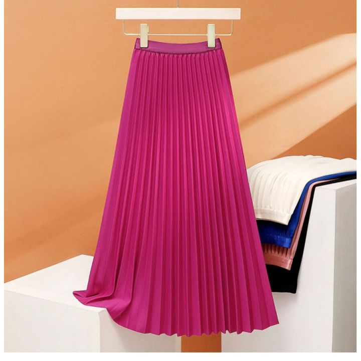 Women Skirt Kembang Satin Pleated Skirt High Waist Long Skirt Labuh