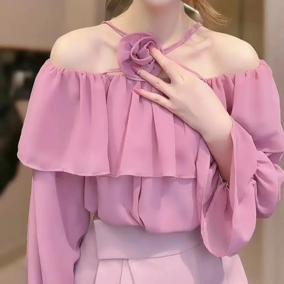 Luxqlo Chiffon Blouse Women Long Sleeve Off Shoulder Tops Korean