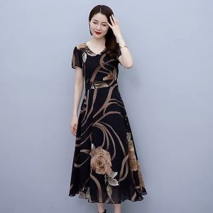 Yesfashion Store IN stockSummer Floral Printing Midi Skirt For Women Stylish Short Sleeves Dress Round Neck Waist-in A-line Skirt