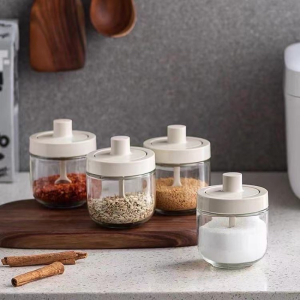 Glass Seasoning Box Oil Pot with Spoon Condiment Container Spice Jar for Kitchen