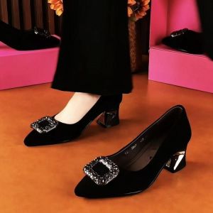 Free Shipping WomenS Pointed-Toe Pumps With Rhinestone Embellishments 2026 Spring New Collection Chunky Heel Fashionable And Versatile Black Comfortable To Wear Shallow Toe