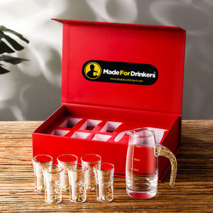 Golden Chinese Baijiu Shot Glass Set of 6 X 10ml and serving flask X 150ml in a gift box / moutai / bai jiu / shot glasses / Liquor Dispenser / giftbox 白酒 [Made For Drinkers]