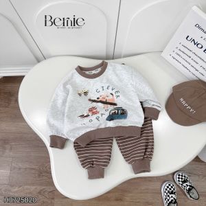 Set bộ nỉ dài tay họa tiết hoạt hình Clever kèm quần dài kẻ ngang bé trai 9 tới 28kg BERNIE H0725B20