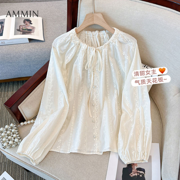 AMMIN 2023 Autumn new simple round neck fashion drawstring bow