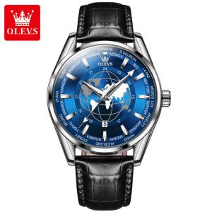 OLEVS 9926 Mens Leather Globe World Map Watch Fashion Luxury Dress Quartz Wristwatches Bracelet Earth Casual Watch Clock