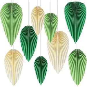 NOBLELYN 9pcs Handmade Paper Leaf Fan Flower Hanging Green Beige Gold Leaf Fan Background Decoration DIY Festival Paper Leaves Decoration Classroom Wall Backdrop Supplies