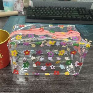 JJT Transparent Floral Cosmetic Bag with Zipper - Cute Ins Style Makeup Organizer for Travel and Daily Use