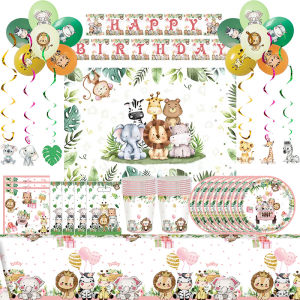 Jungle Animals Birthday Decoration Pink Jungle Safari Birthday Tableware Plate Napkin Cup Background Banner Balloon Happy Supply