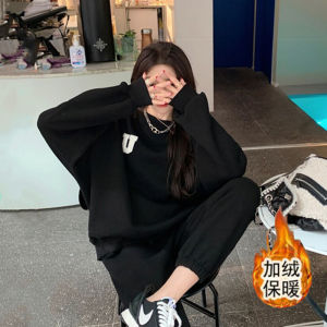AE New autumn and winter loose-fitting fleece-lined thickened casual fashion sports suit for women sweatshirt and long pants two-piece set foreign trade