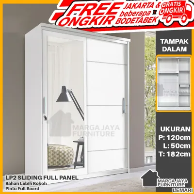 Lemari Pakaian 2 Pintu Sliding Full Putih + Cermin Kaca Minimalis Modern Marga Jaya Lemari Baju Kamar 120 cm
