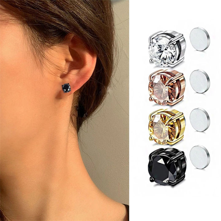 Stud Earrings Men and Women Black CZ Nonpiercing Clip