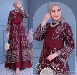 Gamis Set Outer Brokat Syaqilla Dres BL Ceruty Babydoll Mix Brukat M L XL XXL 3XL Dress Kondangan Busui Mewah Elegan Baju Muslim Wanita Model Terbaru Ootd Hijab Remaja Kekinian Seragaman Pernikahan Warna Mahogany Maroon Burgundy Navy Milo Putih