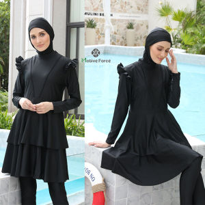 Motive Force Burkini Baju Renang Casual Long Sleeve Plain Color Full Coverage Beachwear Plus Size Muslim Swimwear
