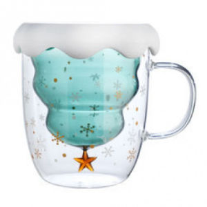 Merry Christmas Cof Cup Set Double Wall 3D High Borosilicate Glass Mug with Tree Design for Parties and Gift Giving