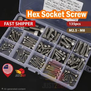 【STOK MSIA】M2.5-M8 Skru Enam Segi 135pcs Hexagon Screw Hex Socket Cap Head Hex Screw Stainless Steel Bolts Fastener