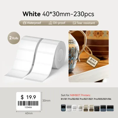 【2 Rolls】NIIMBOT B1/B1Pro/B2/B2Pro/B21/B21Pro/B3S/B31/B4 White Label Sticker Waterproof Oil Proof Waybill Barcode Clothing Food Thermal Label Paper