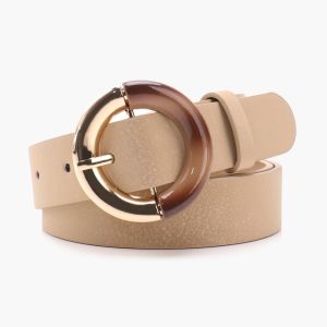 W5YR Alloy Metal Buckle Fashion Waist Belt PU Leather Gradient Round Ring Buckle Faux Leather Belt Classic Casual Simple Dress Belt For Women