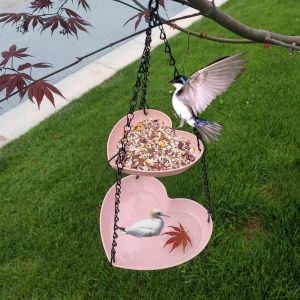 R1A9M Large Capacity Double Layer Bird Feeder Heart Shape Hanging Bird Water Bowl Pet Supplies Durable Bird Feeding Dish Bird Bath