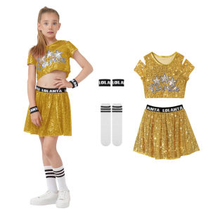 LOlanta 4Pcs Cheering Sequin Uniforms Outfit for Kid Girls Short Sleeve Crop Top & Skirt Set Street Dance Jazz Costumes 5-12 Years