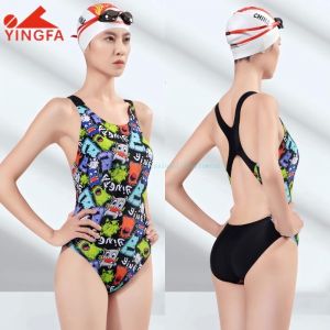 YINGFA Womens Professional Racing Swimsuit Jumpsuit Anti Chlorine Quick Drying Printed Triangle Sports Swimwear for Training and Competition