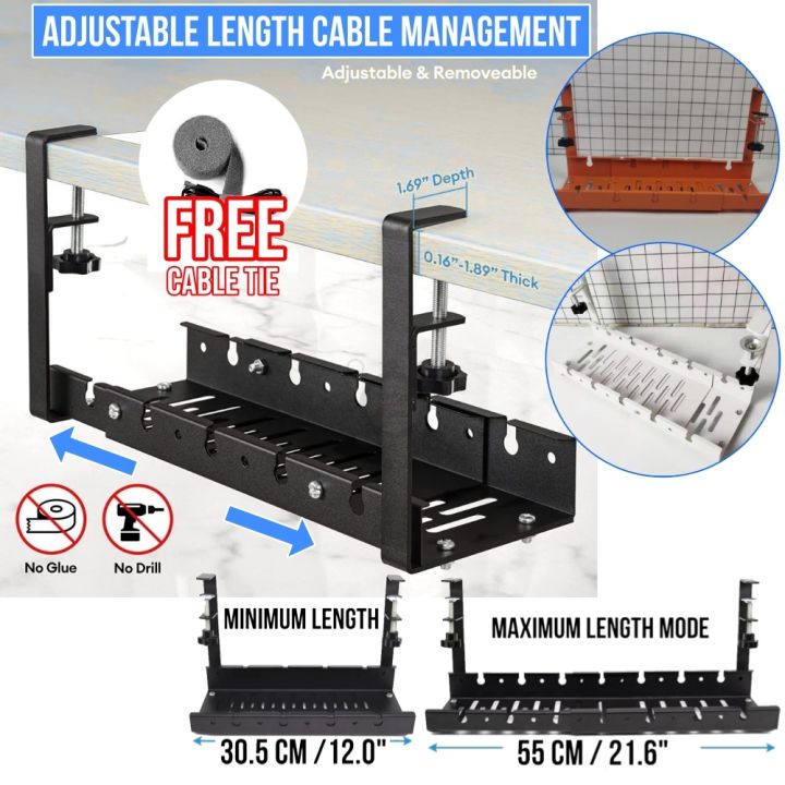 Heavy Duty No Drilling Under Desk Adjustable Length Cable Management ...