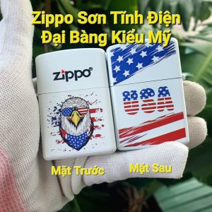 Bật Lửa Zippo Sơn Tĩnh Điện Trắng Đại Bàng Mỹ Đeo Kính Mẫu Mới Đời A-24 ( Tặng Kèm Đá Bấc) Hộp Quẹt Zippo Sưu Tầm