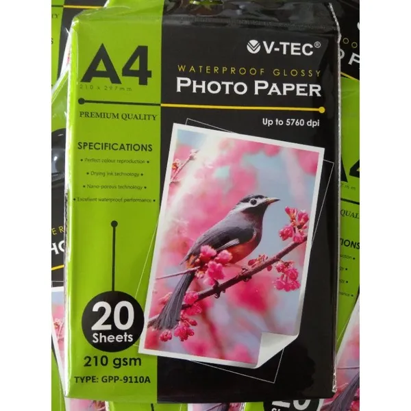 SATU PACK ( 20 LEMBAR ) Kertas Foto A4 Glossy V-Tec 210 Gsm Photo Paper A4 Glossy Vtec 210Gsm