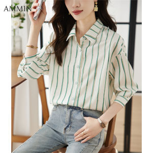 Ammin phong cách Hàn Quốc 2023 mùa thu phong cách lười biếng mới ve áo dài tay sọc Áo voan nữ giản dị đi lại đơn giản nhỏ Một hàng khuy tươi Áo Blouse thanh lịch