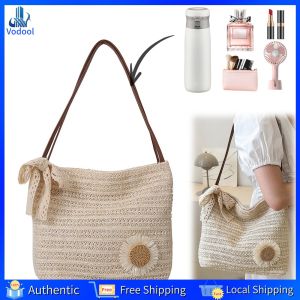 [Vodool Home Mall] Women Straw Woven Shoulder Bag Large Capacity Underarm Purse Female Hobo Purse for Travel Shopping Daily Use