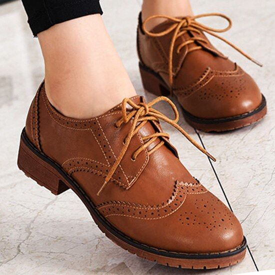 LIHUAMAO Women s Brown Leather Oxford Shoes 35 42 Auburn Beige Black Casual Dress Party Brogue Derby Sneakers Lazada PH