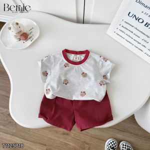 Set bộ thun tay ngắn họa tiết Gấu nhỏ vui nhộn kèm quần short kaki size 9kg tới 28kg BERNIE T1125B18
