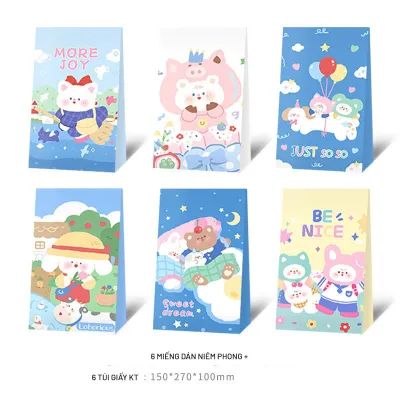 SET 6 TÚI ĐỰNG QUÀ TẶNG BÁNH KẸO - TÚI GIẤY KÈM NHÃN DÁN HỌA TIẾT ĐÁNG YÊU
