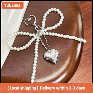 【Local shipping】 Delicate Beaded Key Chain Handmade Bow Shaped Keyring Heart Keychain Ornament Pearl Decoration For Bags And Phones