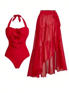 2026 Bán Nóng [ Được vận chuyển từ Trung Quốc ]2026 Bộ bikini liền thân màu đỏ mới thanh lịch và bay bổng không dây kèm váy dài xẻ tà bộ đồ bơi đi biển. B3