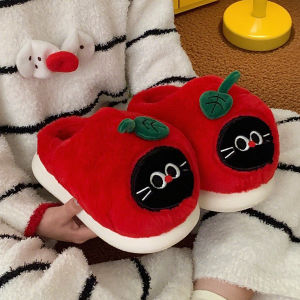 WY-XIXITIAO Warm Home Comfortable Womens Cute Red Apple Kitten Cotton Slippers Soft and Adorable Winter Cartoon Furry Shoes