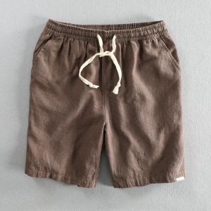 Schinteon Summer Men Casual Cotton Linen Shorts Knee Length Beach Elastic Waist Shorts Solid Color Comfortable Pants New2026