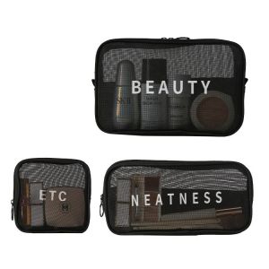 Mesh Toiletry Bag 3 PCS Black Nylon Mesh Zipper Pouches Travel Cosmetic Organizer Case for Daily Toiletries Accessories Purse Bag
