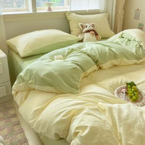 a Green Grass Washed Cotton Spring Summer Bedding Set Four-Piece Dormitory Single Bed Sheet Duvet Cover Three-Piece Set Bed Skirt 4LZD