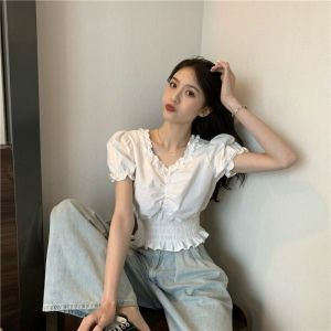 IELGY V-neck puff sleeve shirt womens ruffled short top