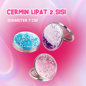 Cermin Lipat Bulat Gliter Ozzaskin Lucu Ringan Mini Dua Sisi