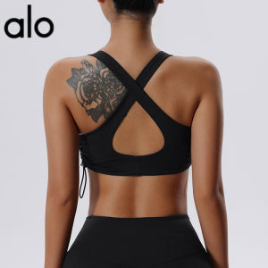 ALO- Sports Bra for Women with Shock Absorption Running Side Breast Collection Yoga Bra Drawstring Pilates Fitness Vest European and American Style  Al0-yoga