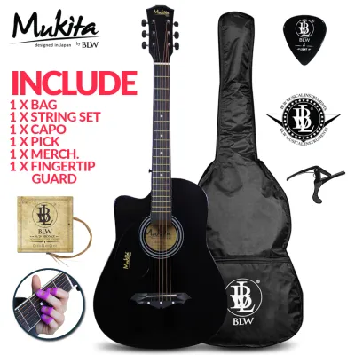 Mukita by BLW Standard Left Handed Acoustic Folk Cutaway Basic Guitar Package 38 Inch for beginners with Bag Pick and Merchandise Sticker