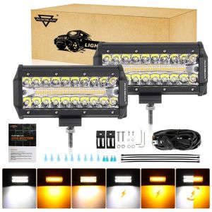 Auxbeam LED Pods Light Bar 2 Color 6 Lighting Modes Amber White Waterproof 7 Inch 300W 30000lm LED Pods with Memory Function Off Road Fog Driving Work Lights for Truck Boat Jeep，with 16AWG 10FT Wiring Harness Kit - 2 Lead
