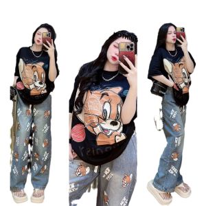 FunnyeS 2024Tie Dye Set Womens Summer Loose Cartoon Print Short Sleeve Wide Leg Pants Casual Two-Piece Set L2212