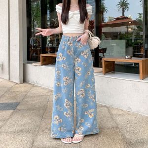 S-6XL Celana Jeans Denim Wanita Panjang Pinggang Tinggi Celana Lebar Motif Bunga Tie-Dye