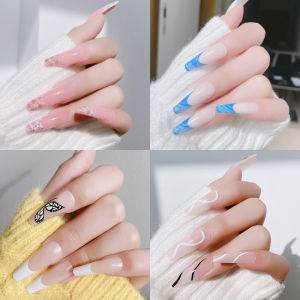 PINPAI 24Pcs/Box 中长穿戴甲 With Decorations Long False Nails Set 美甲贴片+果冻胶 Reusable Press On Artificial Tips 假指甲套装 Full Cover Detachable Fingernails Tips With Sticker Tools