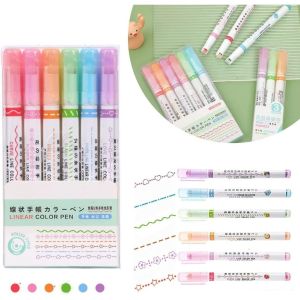 6pcs/Pack Curve Highlighter Pen Flownwing Curve Pens Highlighters Markers for Card-decorating Coloring Books Writing Drawing Scrapbook