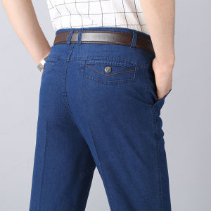 agetet Mens Summer Thin Stretch Middle-aged Jeans Straight Light Blue Pants Boyfriend Jeans