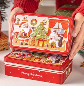 กล่องเหล็กใส่คุกกี้ ลายธีมคริสมาสต์  Santa Clause สี่เหลี่ยม 19*11.5*5.4 cm
